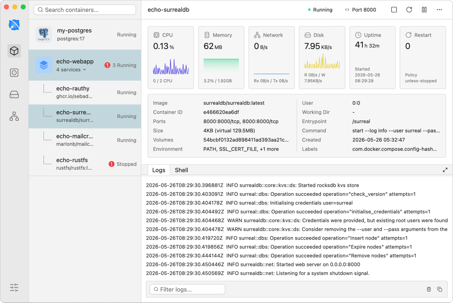 Echo app dashboard